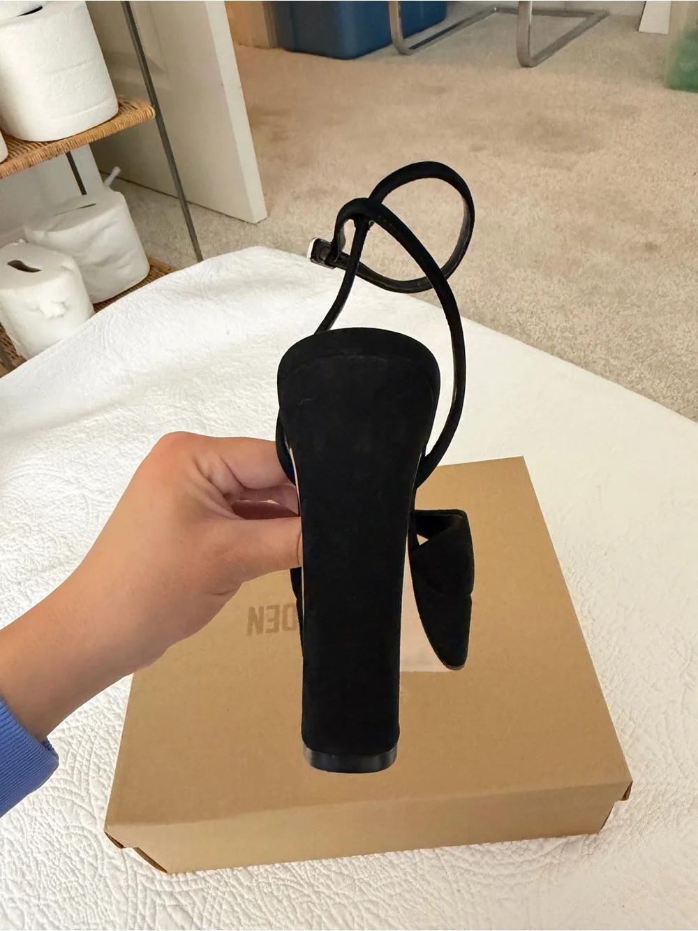 Steve Madden Black Suede Platform Ankle-Strap Heels